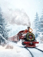 Wall Mural - A festive train adorned with a Christmas tree on its front, set against a snowy winter landscape, spreading holiday cheer.
