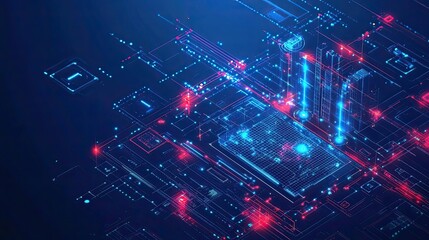 Poster - Abstract Digital Circuit Board with Red and Blue Glowing Lines