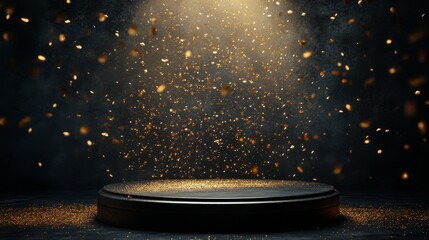 Aufkleber - A spotlight illuminates a minimalist stage as golden particles cascade through the air, creating a striking effect.
