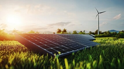 Wall Mural - Solar Panels and Wind Turbine in a Field of Grass