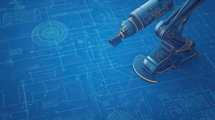 Poster - Metallic Robotic Arm on a Blue Schematic Background