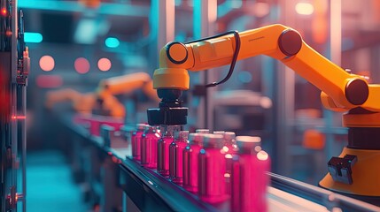 Poster - Robotic Arm Assembling Bottles on a Conveyor Belt in a Factory