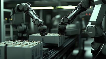 Poster - Two Robotic Arms Operating on a Conveyor Belt in a Factory Setting