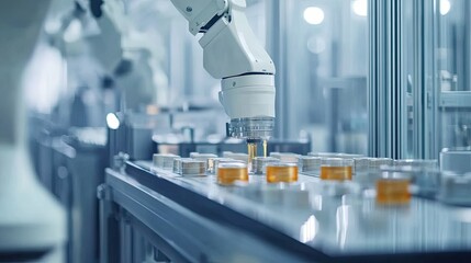 Poster - Robotic Arm Placing Items on a Conveyor Belt in a Modern Factory