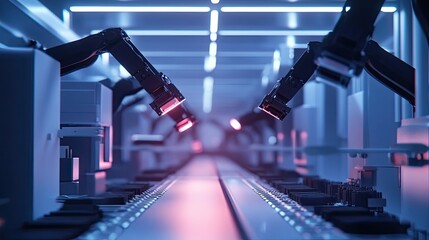 Poster - Automated robotic arms working on an assembly line with pink and blue lighting