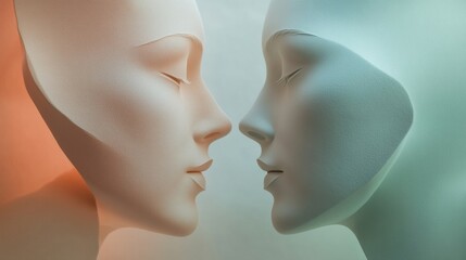 Leinwandbilder - Two abstract silhouettes in soft pastel colors illustrate the connection of empathy and communication, capturing a moment of understanding. Generative AI