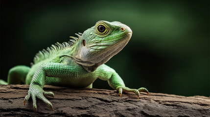 Wall Mural - close-up of a green iguana perched on a tree branch with detailed scaly skin and a blurred natural b