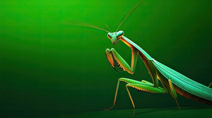 A Close-Up View of a Green Praying Mantis on a Green Background
