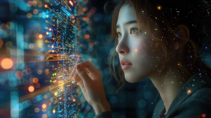 Businesswoman pressing high tech type of modern buttons on a virtual background