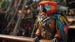 © davit - A colorful parrot dressed in pirate attire on a ship's deck.