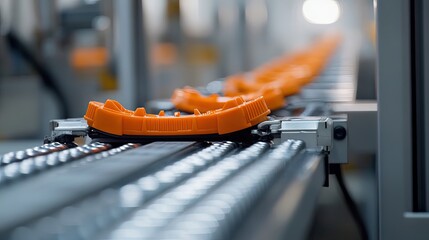 Poster - Orange Plastic Parts Moving Along a Factory Conveyor Belt