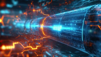 Poster - Futuristic Cyberspace Tunnel with Glowing Circuitry and Blue Light