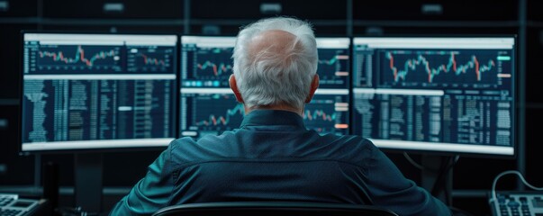 Poster - A person monitors financial data on multiple screens, analyzing graphs and trends in a high-tech trading environment.
