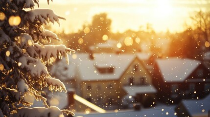 Aufkleber - A charming Christmas village covered in fresh snow shines under the soft light of a setting sun, creating a magical winter atmosphere. Generative AI