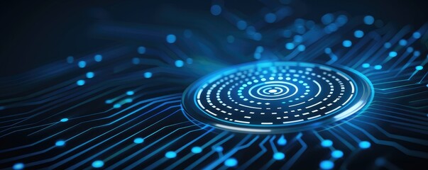Poster - A swirling blue circuit pattern with a central circular design, representing technology and digital connectivity in a modern context.