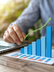 Poster - A person is analyzing a growth chart with blue bars, indicating positive trends, while using a laptop on a wooden surface.