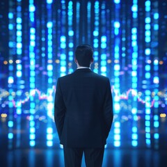 Poster - A man in a suit stands facing a futuristic, illuminated digital backdrop filled with blue light patterns and data visualizations.