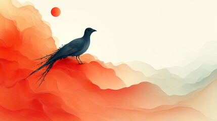 Wall Mural - A black bird perches on a red, abstract mountain with a red sun in the background.