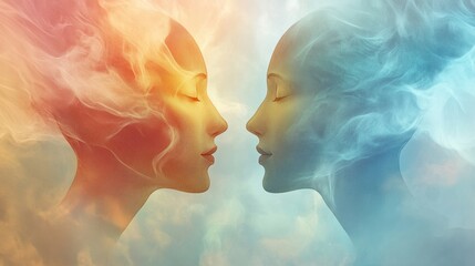 Fototapete - Two abstract silhouettes in pastel shades contrast against each other, representing a harmonious exchange of thoughts and feelings. Generative AI