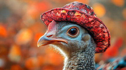 Wall Mural - A close-up of a young turkey wearing a red hat, looking at the camera with curiosity.