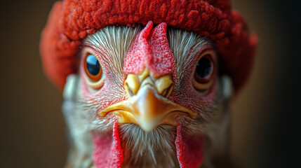 Wall Mural - A close-up of a chicken wearing a red hat, looking directly at the camera.