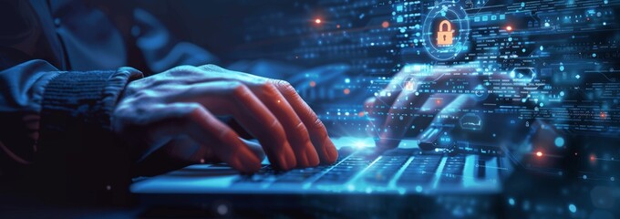 Poster - Digital Identity and Cybersecurity: Businessman Typing with Digital Padlock and Security Icons