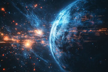 Aufkleber - Futuristic planet illuminated by glowing data streams in a dark cosmic exploration event