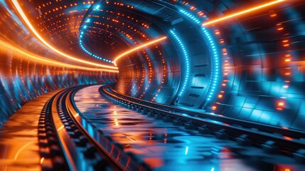 Poster - Futuristic tunnel with glowing neon lights and rails.