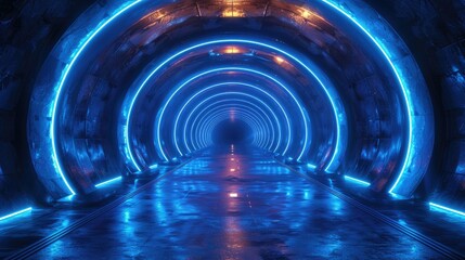 Poster - Futuristic blue neon tunnel with glowing lights.
