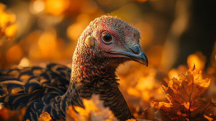 Wall Mural - Close-up of a wild turkey in a bed of autumn leaves.