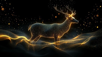 Wall Mural - Golden Sparkly Reindeer Silhouette on a Black Background