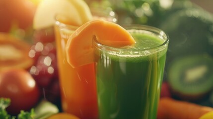 A closeup of a healthy and colorful fruit and vegetable juice made from fresh ingredients.