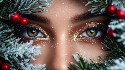 Poster - A woman's eyes with gold glitter eyeshadow are framed by a snowy evergreen branch. The branches are frosted with white and have red berries.