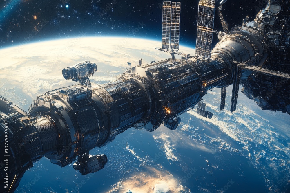 Futuristic space station overlooking earth a vision for sci fi and ...