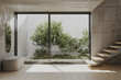 © Oleksandr Shcherban/Stocksy - Modern minimalist interior with wooden stairs and garden view window