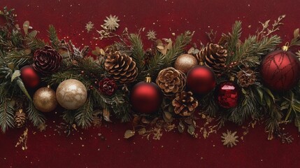 Aufkleber - A beautifully arranged Christmas garland features various ornaments, pinecones, and greenery against a deep red backdrop.
