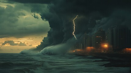 Poster - Dark storm clouds loom above a coastal city while powerful waves crash ashore and lightning illuminates the sky, creating a dramatic atmosphere. Generative AI