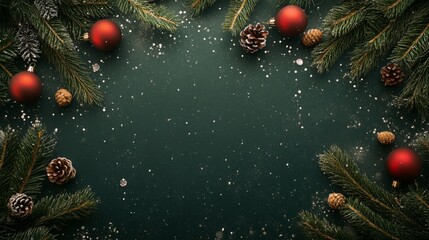 Poster - A flat lay with a dark green background scattered with white glitter resembling snow. The edges are decorated with pine branches and red ornaments, creating a festive border.