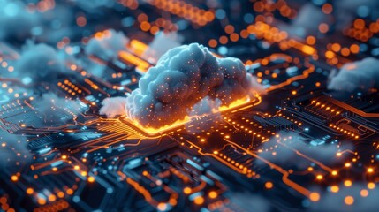 Poster - close-up view of cloud computing with blue glowing clouds on circuit board background for seamless b