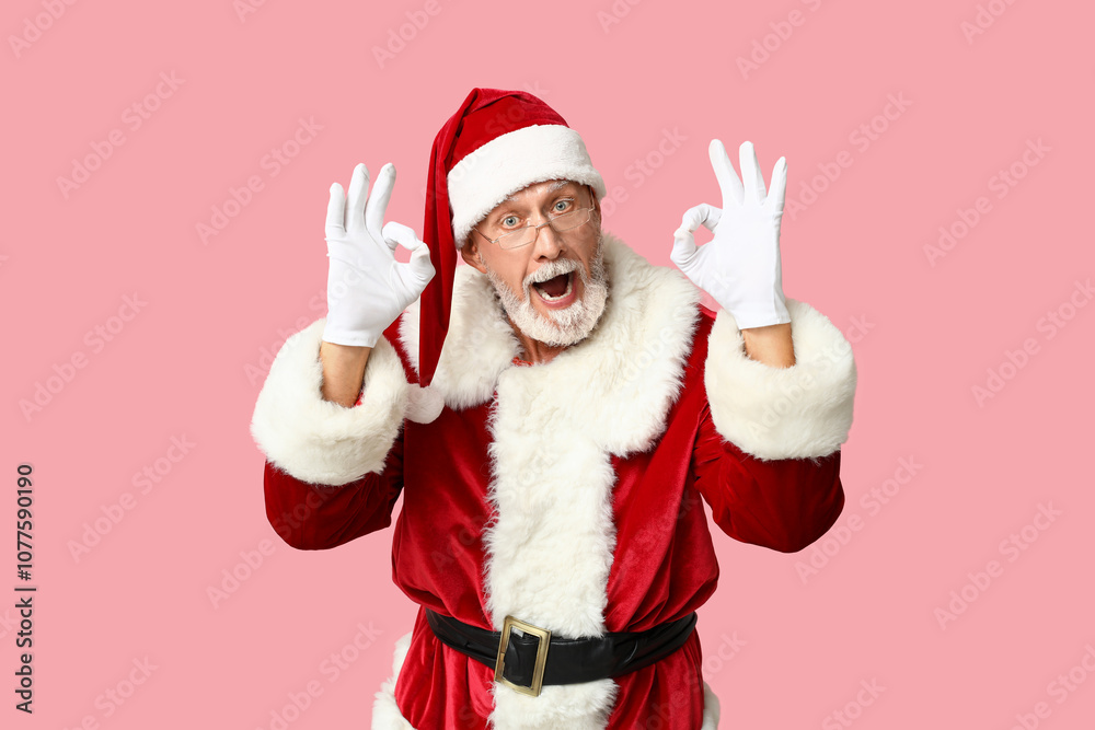 Santa Claus in glasses showing OK gesture on pink background