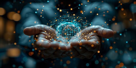 Poster - businessman holding ai icon with digital marketing and data connection for future online shopping