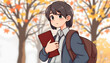 © Sergey - Full size photo of diligent student with straight hairstyle dressed jacket backpack on shoulder check cuddle diary in autumn outdoors isolated with white highlights, png