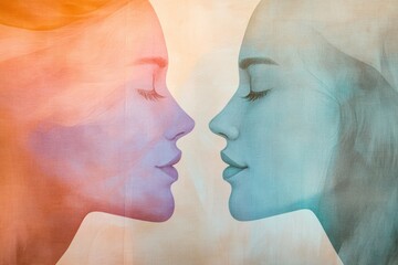 Poster - Two abstract silhouettes in soft pastel tones showcase a connection, illustrating themes of communication and empathy between individuals. Generative AI