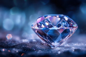 Close-up of a sparkling diamond on a shimmering surface with a dreamy blue bokeh background, capturing the elegance and brilliance of the gemstone.