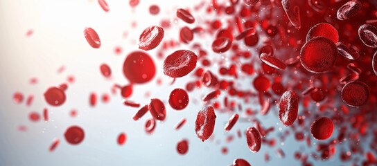 red blood cells and white blood cells in air, stream of erythrocytes and leukocytes on white background