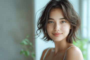 Happy Japanese Woman Applying Cream on Arm with Short Hair in White Sleeveless Top against Light Background with Green Plant in Skin Care Concept