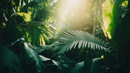 Poster - Golden sunlight streams through the vibrant leaves of a tropical forest, illuminating the lush greenery and creating a tranquil setting. Generative AI