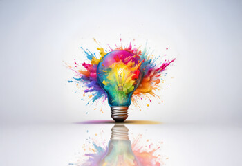 Canvas Print - a light bulb explodes in a burst of colorful paint against a white background.