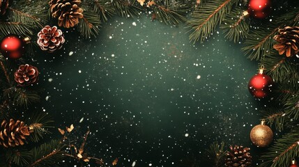 Poster - Pine branches with red and gold ornaments surround a dark green background. There is a light snowfall covering the background.