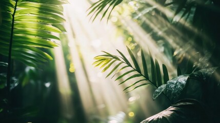 Aufkleber - Sunlight streams through the dense leaves of a tropical forest, highlighting vibrant green foliage and creating a serene atmosphere. Generative AI